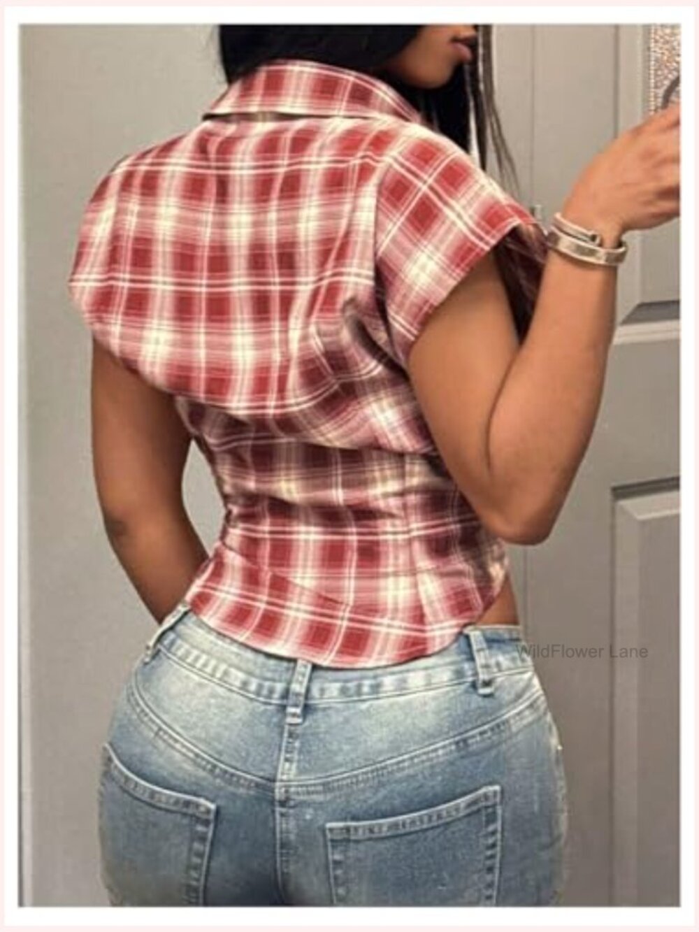 Y2K Deep V Plaid Dolman Sleeve Button Down Crop Top Blouse - Picture 2 of 4